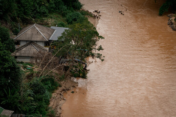 An aerial view of the Thai-Myanmar border during the construction of flood barriers by both...