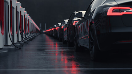 Obraz premium Line of electric cars parked at charging stations in a wet parking lot with red night reflections. 