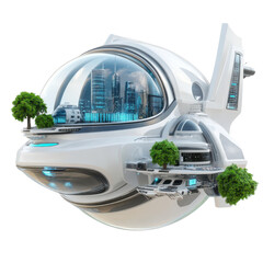Futuristic Spaceship Design with Greenery and Modern City Skyline in a Sci-Fi Environment