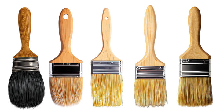 Five paint brushes with wooden handles isolated on transparent background