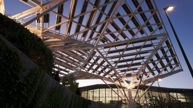 Gimbal rotating and panning shot of the futuristic solar panel canopy at the Nvidia headquarters during twilight in Santa Clara, California. 4K