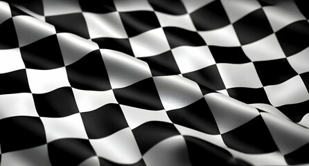 A close-up view of a textured checkered flag fabric, showcasing its unique folds and patterns in black and white.