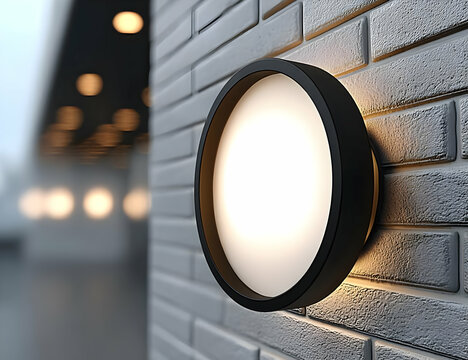 Modern round wall light fixture illuminating a stylish exterior wall in a contemporary setting.