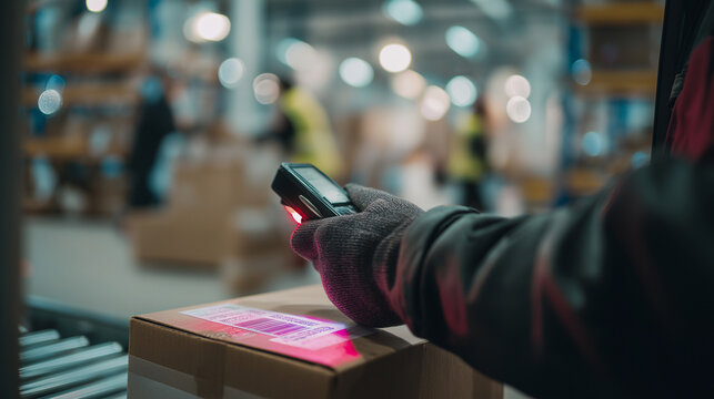 Worker scanning package with handheld barcode reader in warehouse environment.
