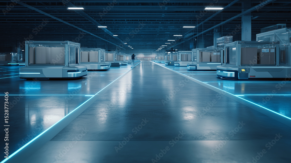 Poster high-tech automated warehouse with glowing guide paths and robotic carriers.