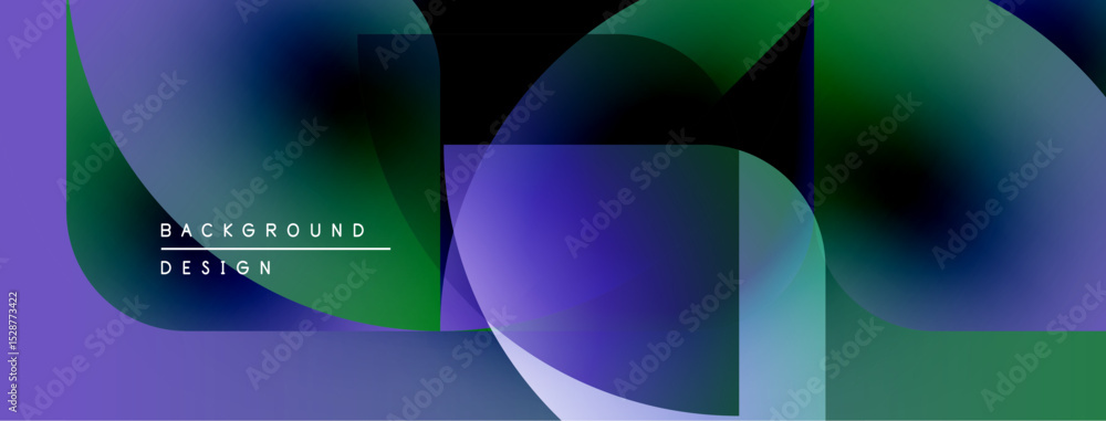 Poster abstract geometric shapes overlap, creating vibrant purple, green gradients. modern design element f