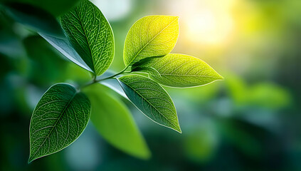 Close-up of green leaves illuminated by soft sunlight, symbolizing growth, nature, and tranquility in a serene environment.