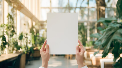 Blank paper held up in bright greenhouse with green plants in background.
