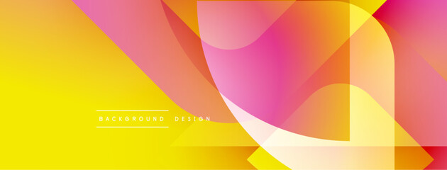 Abstract geometric shapes overlap, creating vibrant yellow, orange, pink gradients. Modern design suitable for banners, backgrounds.
