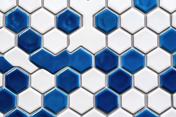 Fototapeta premium Hexagon tile pattern featuring white and blue colors in an intricate design, White and blue hexagon pattern
