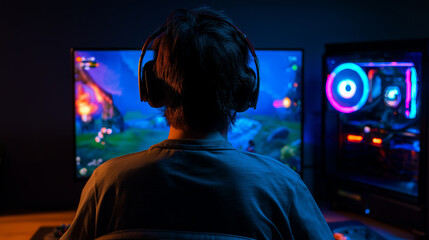 Naklejka premium Back view of a gamer in a dark room illuminated by neon lights, sitting at dual screens. 