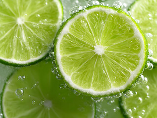 Fresh lime slices with bubbles in a refreshing beverage, showcasing vibrant green color and zest for summer.