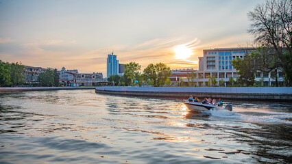 boats in the river in the center of Minsk