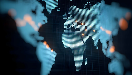 A digital map showcasing a blue-toned representation of the world with data points highlighting various regions.