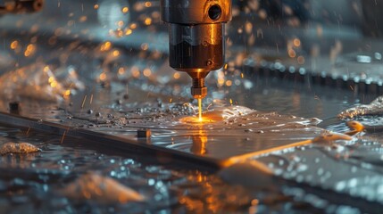 Close up of cnc water jet cutter in action for precision metal fabrication in automotive parts
