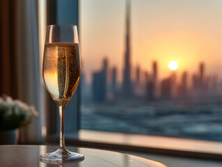 A toast to elegance: a glass of champagne against a stunning sunset skyline.