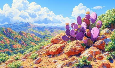 Vivid desert landscape with prickly pear cactus