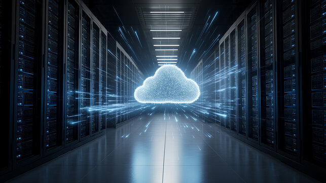 Digital cloud icon visualized in data center environment with glowing network particles.
