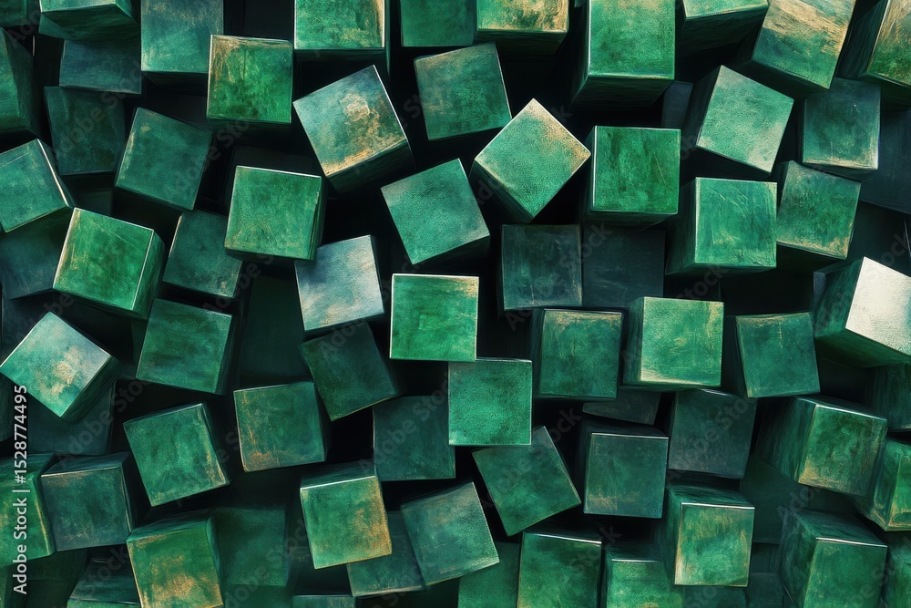 Poster fast-moving green cubes creating an abstract visual experience in motion graphics, green cubes appea