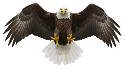Majestic bald eagle soaring with wings spread and talons extended, isolated on white & transparent background. Ideal for patriotic designs, 4th of July, Veterans Day, American holidays,