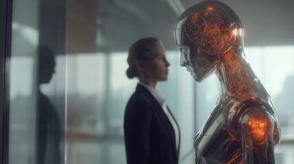 Businesswoman standing next to a transparent humanoid robot in a modern office.
