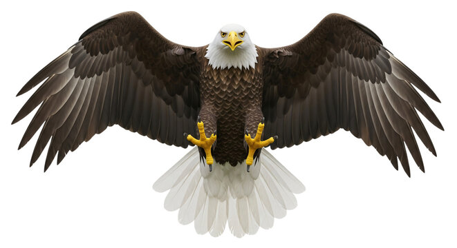 Majestic bald eagle soaring with wings spread and talons extended, isolated on white & transparent background. Ideal for patriotic designs, 4th of July, Veterans Day, American holidays,