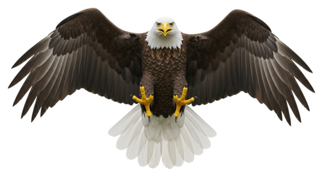 Majestic bald eagle soaring with wings spread and talons extended, isolated on white & transparent background. Ideal for patriotic designs, 4th of July, Veterans Day, American holidays,