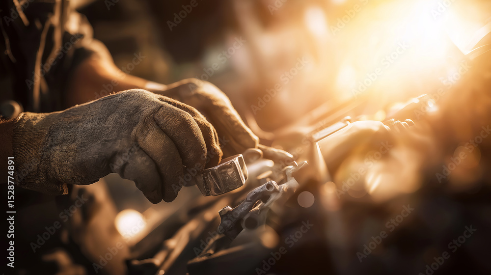 Poster mechanic working on car engine in a workshop with warm sunlight.