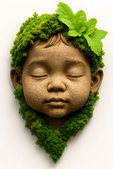 Baby face, earthy child sculpture, with different moss and leaf patterns
