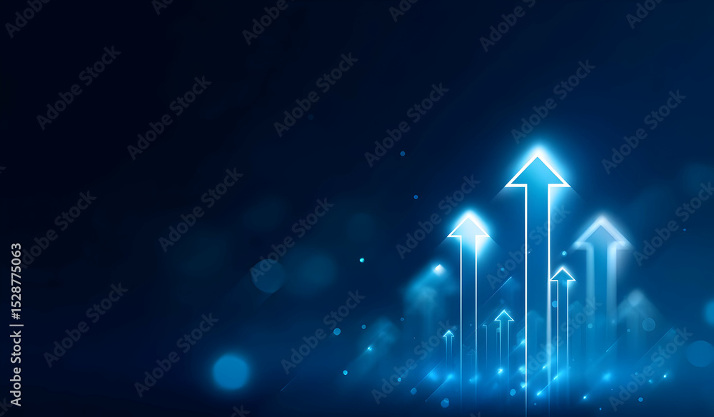 Poster dynamic blue background with glowing arrows symbolizing growth and progress in a modern digital worl
