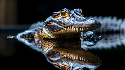 Fototapeta premium Close Up Alligator Portrait In Dark Water Reflection