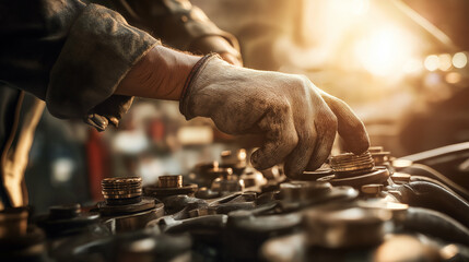 Mechanic working on car engine in a workshop with warm sunlight.
