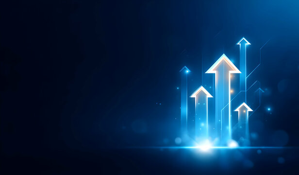 Dynamic blue background with glowing upward arrows, symbolizing growth, progress, and success in business ventures.