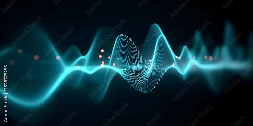 Poster abstract representation of sound waves, showcasing blue tones and dynamic movement, ideal for tech-r