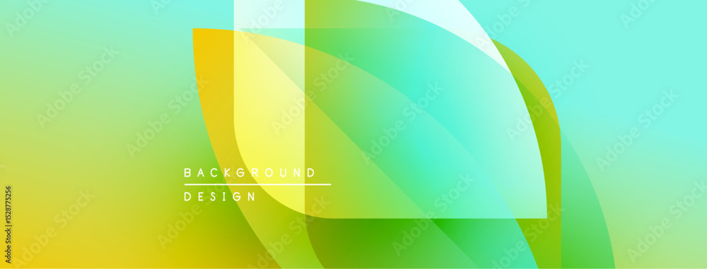 Poster Abstract gradient background. Overlapping shapes create dynamic visual effect. Yellow, green, turquoise hues dominate composition. Modern design element.
