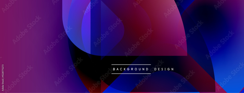 Poster Abstract background features vibrant overlapping shapes. Purple, red, blue hues blend creating dynamic visual effect. Modern design element.