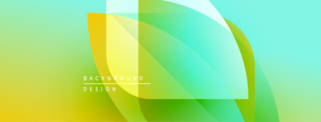 Abstract gradient background. Overlapping shapes create dynamic visual effect. Yellow, green, turquoise hues dominate composition. Modern design element.