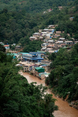 An aerial view of the Thai-Myanmar border during the construction of flood barriers by both Thailand and Myanmar to prevent flooding.