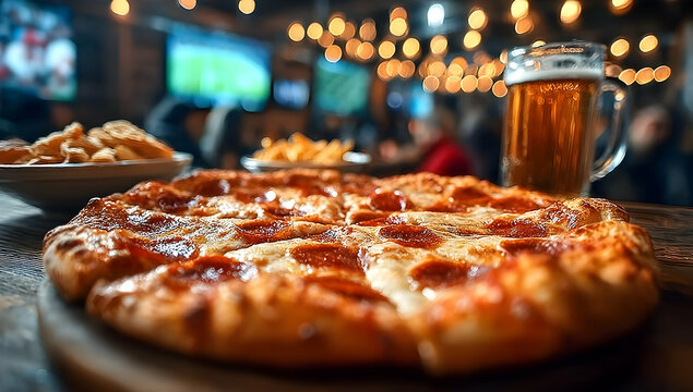 Delicious pepperoni pizza served with a cold beer in a lively restaurant atmosphere, perfect for sharing with friends.