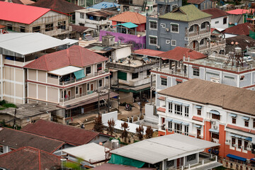 An aerial view of the Thai-Myanmar border during the construction of flood barriers by both Thailand and Myanmar to prevent flooding.