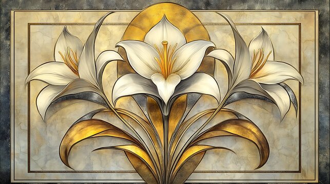 Naklejki Art Deco wallpaper with stylized lilies in gold and silver, geometric borders, cream-colored background, subtle shadows adding depth and richness. Created Using: digital illustration,