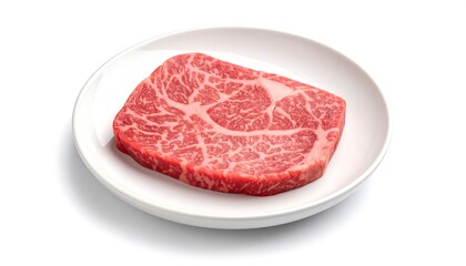 Premium Raw Ribeye Steak on White Plate with Isolated on White Background.