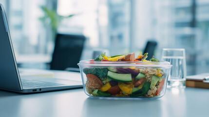 Fresh salad in a plastic container on office desk with city view in background.
