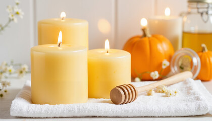 Four glowing yellow candles with honey and pumpkins on a towel  