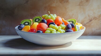 A white bowl overflowing with a vibrant mix of sliced kiwi, grapes, and peach segments, bathed in warm sunlight on a marble surface