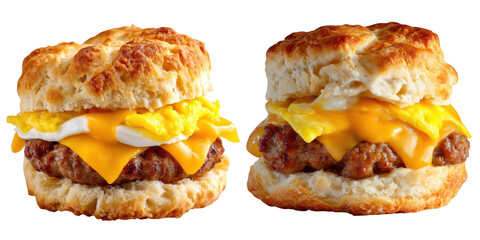 Two delicious sausage egg and cheese biscuits isolated on transparent background