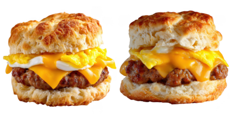 Two delicious sausage egg and cheese biscuits isolated on transparent background