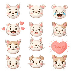 Collection of expressive cartoon animal faces with varied emotions and heart graphic