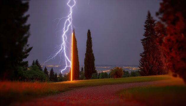 Lightning strikes a tree at night