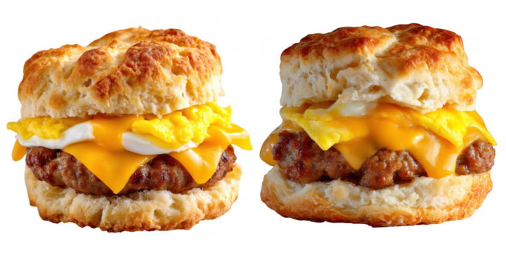 Two delicious sausage egg and cheese biscuits isolated on transparent background